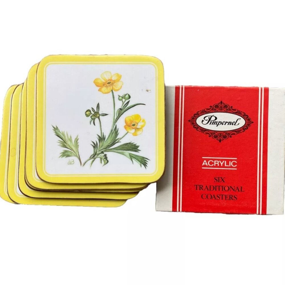 Vintage Pimpernel Set of 6 Coasters Yellow White Green Flower Designer w/ Box
